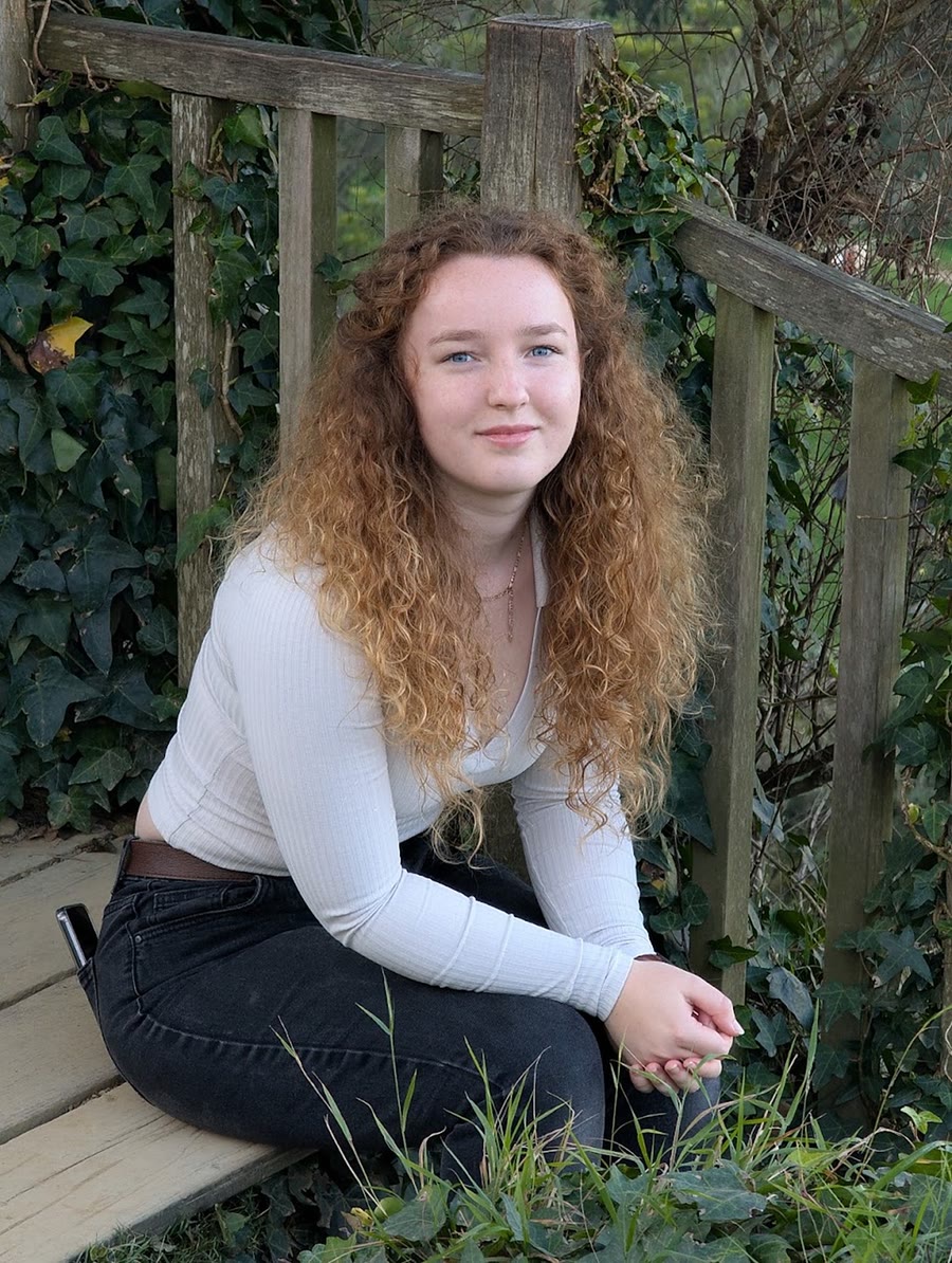 Ara sitting on a wooden step in front of ivy