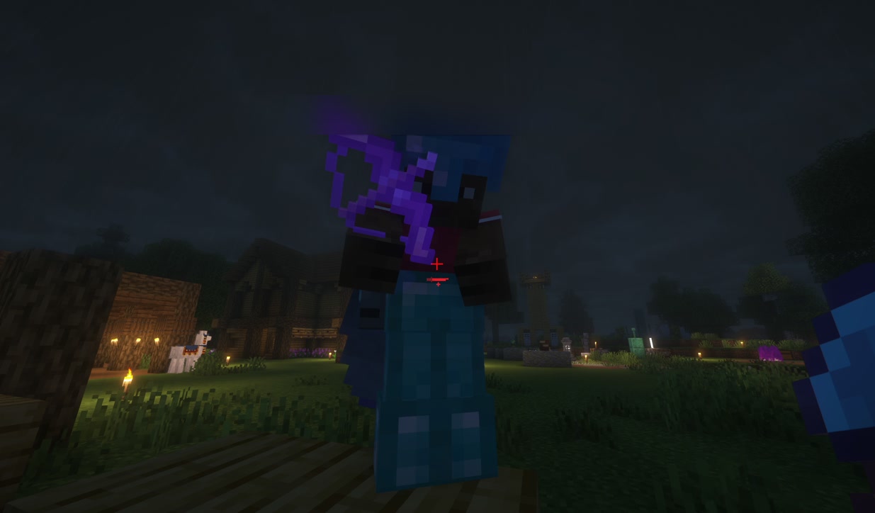 On Ara's modded Minecraft server at night: a player with a glowing bow in a torch-lit village