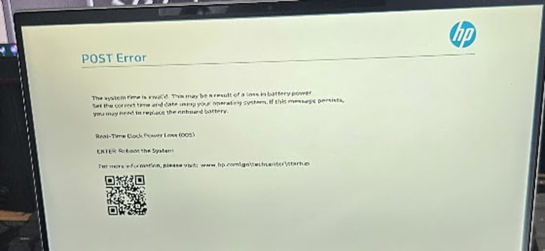 HP POST error screen: the system time is invalid, Real-Time Clock Power Loss (005), you may need to replace the onboard battery